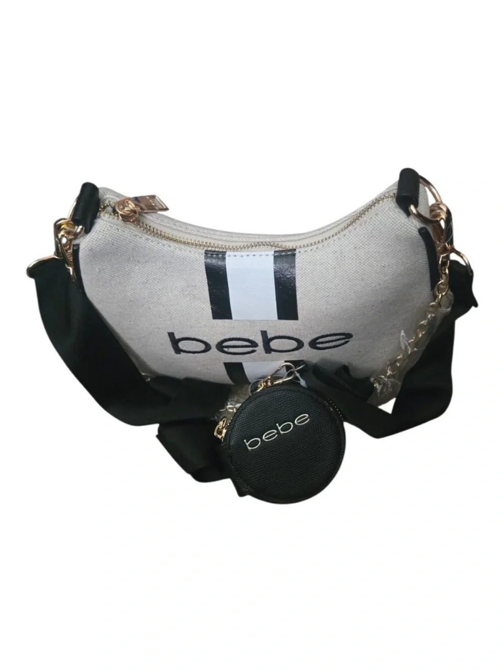 bebe Cream and Black Logo Shoulder Bag with Gold Chain and FREE COIN POUCH